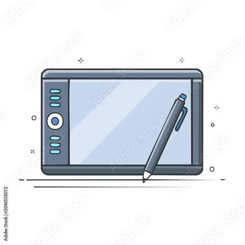 Flat design illustration of a drawing tablet with stylus