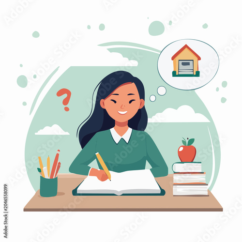 Girl studying and dreaming of a garage