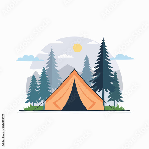 Orange camping tent in a forest with mountains and sun