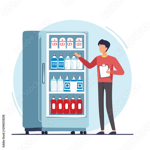 Man checking inventory in a refrigerator with bottles