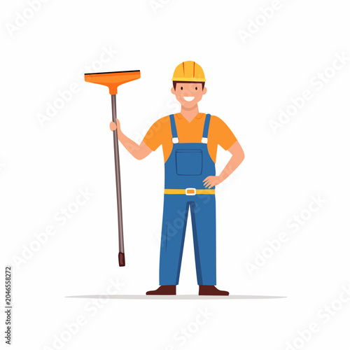 Smiling janitor in uniform holding a broom