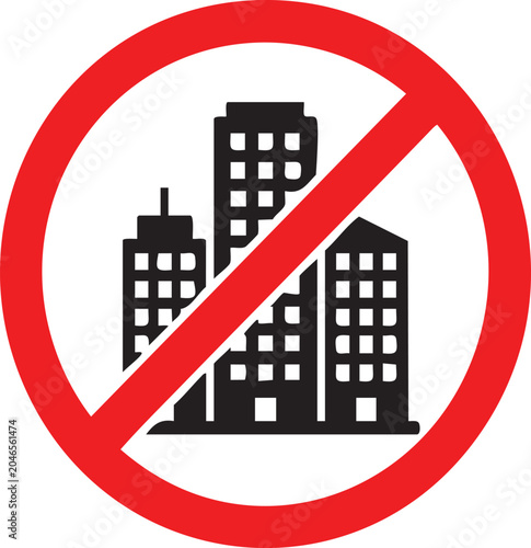 Bild auf Leinwand No buildings allowed sign prohibition symbol with city skyscrapers silhouette co