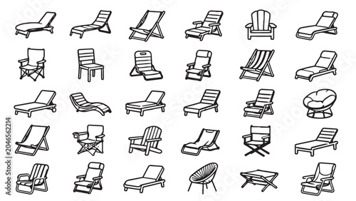 Beach chair lounge chair line icon set. Sun lounger, deck chair, seaside seat, resort relaxation outline vector illustrations on white background. Signs for beach vacation.