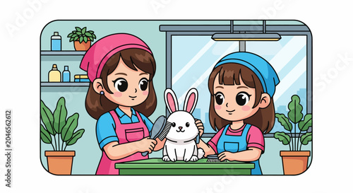Two cartoon girls grooming a white rabbit with scissors and comb.