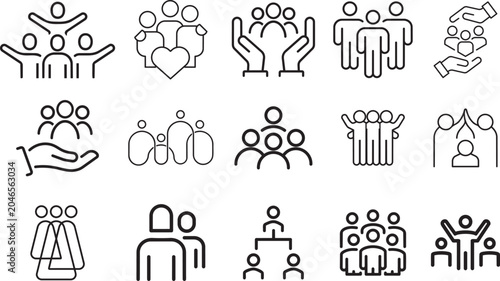 Community and Connection Icons: A collection of line art icons representing human connection, teamwork, and community support, illustrating concepts of togetherness and unity.png