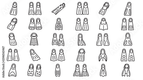 Swim fins line icon set. Diving flippers, snorkeling fins, scuba footwear and beach swimming gear outline vector illustrations. Symbols for water sports on white background.