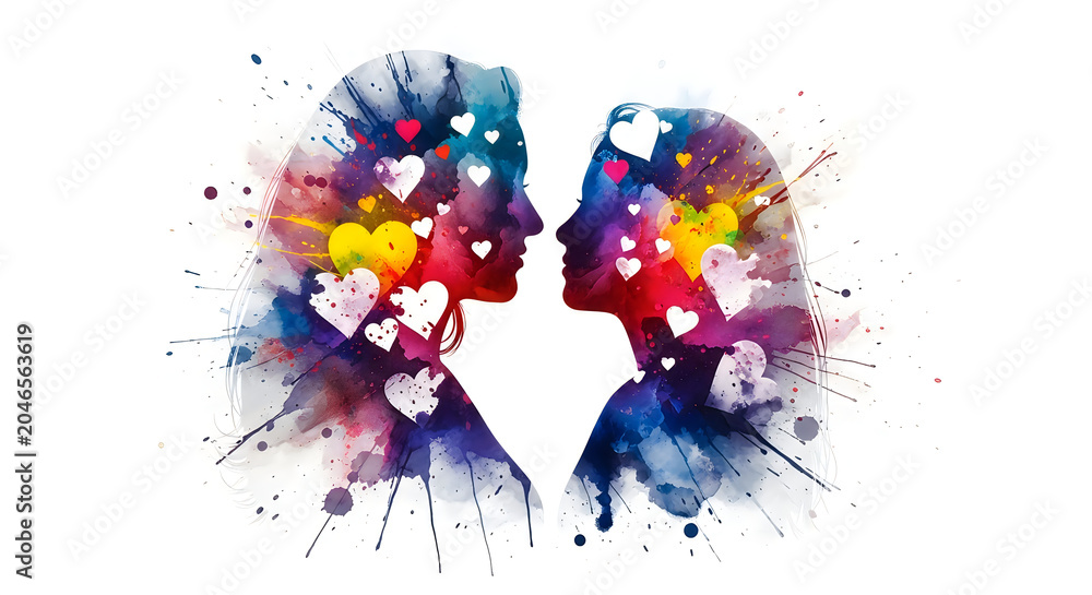 Obraz premium Abstract watercolor silhouette profiles of a loving couple face to face with hearts, profiles