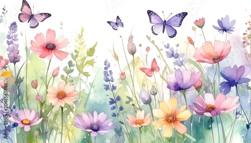 Abstract watercolor painting with floral and bird motifs.