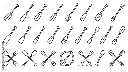 Canoe paddle line icon set. Kayak oars, rowing paddles, crossed paddles, boat equipment outline vector illustrations. Symbols for watersport adventure on white background.