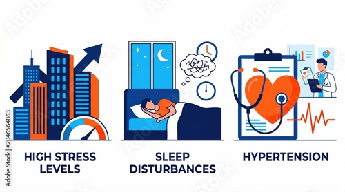 Photos Stress and Hypertension Concept with Sleep Disturbances and Urban Lifestyle Illu