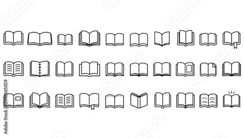 Book line icon set. Open books, textbooks, reading pages, study materials outline vector illustrations. Symbols for education and learning on white background.