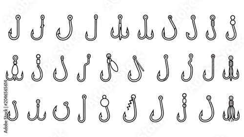 Fishing hooks line icon set. Curved bait hooks, treble hooks, jig hooks, lure hooks outline vector illustrations. Symbols for angling tackle on white background.