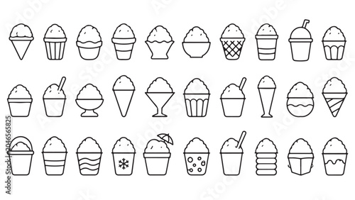 Ice cream cups line icon set. Sundae cups, sorbet bowls, dessert tubs, gelato containers outline vector illustrations. Symbols on white background.