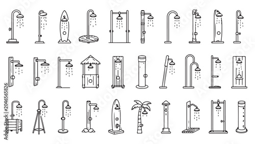 Beach showers line icon set. Outdoor showers, shower heads, changing area fixtures, pool rinse stations outline vector illustrations. Signs on white background.