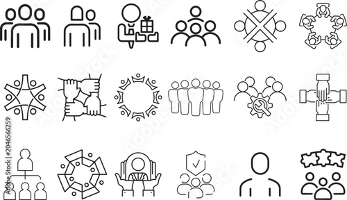Teamwork and Connection Icons: A collection of line art icons symbolizing human connection, teamwork, and organization, suitable for business and social concepts.png