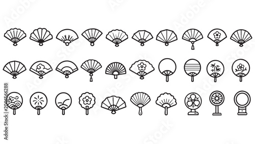 Folding fans line icon set. Hand fans, paper fans, oriental fans, decorative cooling accessories outline vector illustrations. Symbols on white background.