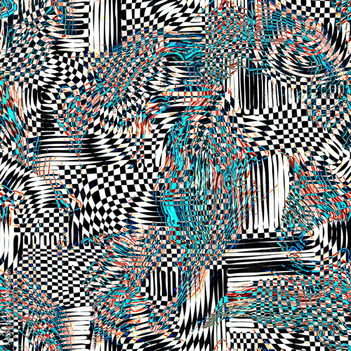 Checkered abstract grunge seamless surface with distortion and transformation metaverse geometry. Abstract textured background for wallpaper, wall panel, textile, poster, web banner,mobile apps