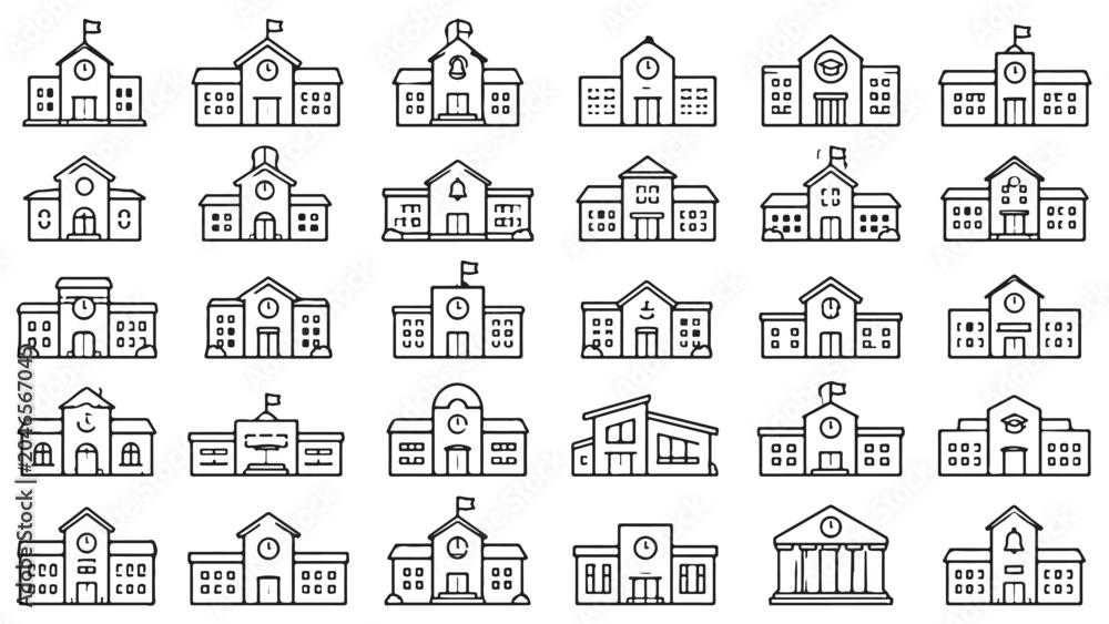 Fototapeta premium School buildings line icon set. Campus, academy, university, classroom building outline vector illustrations. Symbols for education on white background.