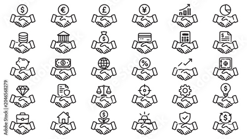 Finance investment line icon set. Money, coins, euro currency, growth chart, handshake, bank and business profit outline vector illustrations on white background. Symbols for financial services.
