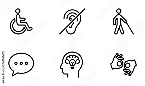 Foto Disability Icons Set: Wheelchair, Hearing Impaired, Blind, Speech, Cognitive, Sign Language