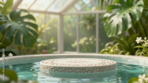 White, ornate podium floats gently in a clear pool. Large monstera leaves frame the scene, inside a bright glass greenhouse. The water reflects soft