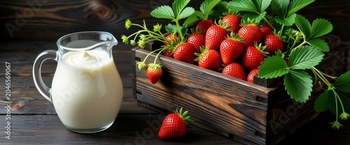 A rustic still life depicting a glass jug of fresh cream and a wooden crate overflowing with ripe red strawberries on a dark wooden table.