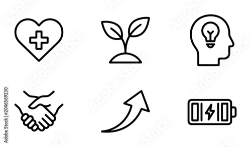 Modern Line Icons: Health, Growth, Ideas, Partnership, Progress, Energy; Vector Set for Business and Lifestyle