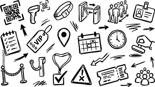 Bild auf Leinwand Hand Drawn Event Management and Ticketing Icon Set