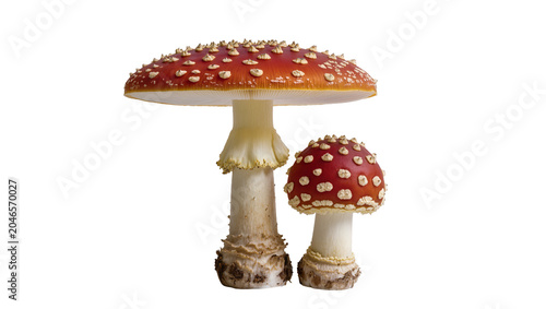 Two red and white spotted Amanita muscaria mushrooms, isolated on transparent background