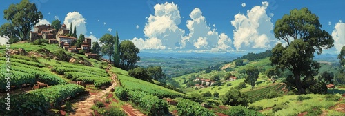 Panoramic artistic painting of lush green fields and vineyards on a hillside overlooking a valley with a small village under a cloudy sky