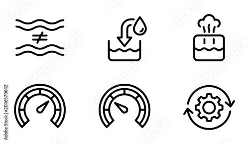 Fotografie Set of 6 Simple Line Icons: Water Level, Filling, Steam, Speedometer, Gauge, Process