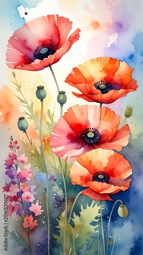 Vibrant watercolor bouquet of spring tulips in vase.