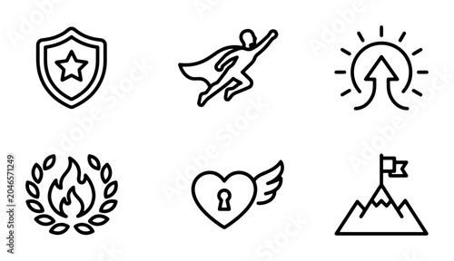 Fotografie Heroic Achievement Icons: Shield, Superhero, Growth, Laurel Wreath, Love, Mounta