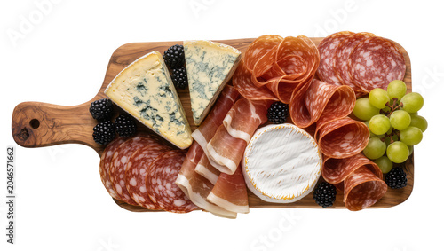 Foto Gourmet charcuterie board with blue cheese salami prosciutto brie grapes and ber