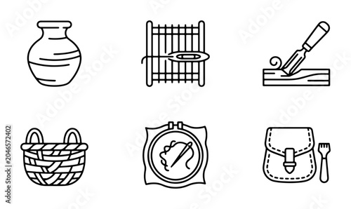 Foto Handicraft Icons: Pottery, Weaving, Woodworking, Basketry, Embroidery, Leatherwo