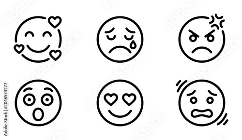 Valokuva Emoticon Icons Set: Love, Sadness, Anger, Surprise, Infatuation, Fear, Vector Gr
