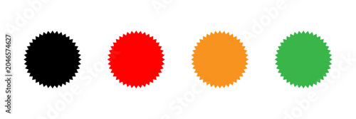 Seal badge icon set with serrated edge circular labels in black red orange and green colors vector illustration