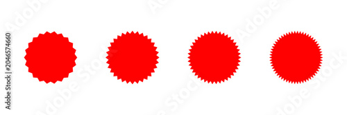 Starburst sale badge icon collection with red promotional sticker shapes, discount label and product highlight symbols vector illustration