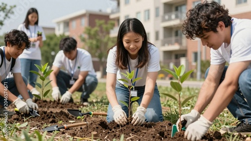 Community volunteers planting young trees in urban park for climate action and resilience