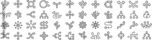 Set of line icons representing various path, direction, and flow chart symbols