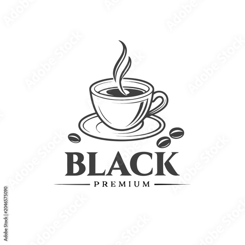Billede på lærred Black premium coffee cup emblem or logo design with steaming hot drink and roast