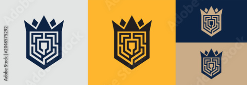 Shield maze logo for strategy and protection, royal emblem symbol.