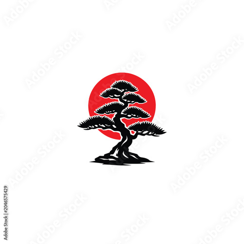 Sumi-e Upright Bonsai Pine Red Sun
