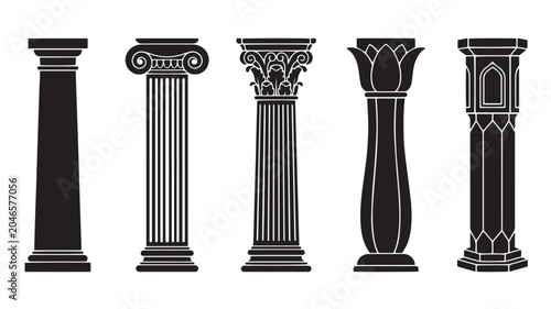 Set of five classic architectural columns in silhouette, representing different historical styles
