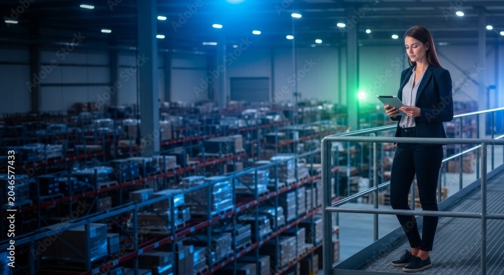 Fototapeta premium Warehouse Manager Analyzing Logistics Data on Tablet from Elevated Catwalk in Modern Automated Facility