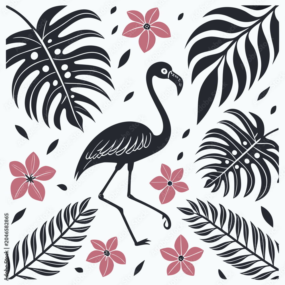 Naklejka premium Tropical flamingo and exotic foliage graphic pattern with flamingo tropical silhouette botanical illustration