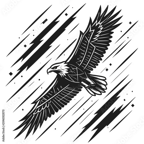 Tablou pe pânză Stylized flying eagle graphic silhouette with speed lines and abstract geometric