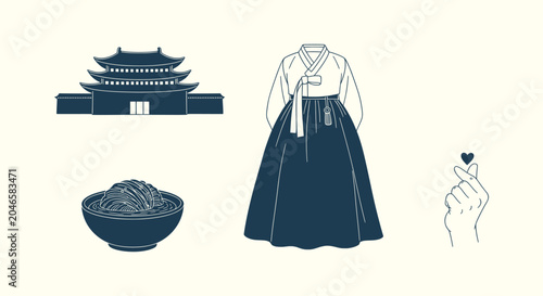 Bild auf Leinwand Traditional South Korean Culture Symbols including Hanbok Palace Finger Heart an