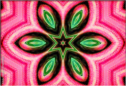 A luminous star anchors the composition, radiating outward into jagged, rhythmic zigzags. Vivid pinks and greens cut against deep black, giving the piece a dynamic, electric energy.