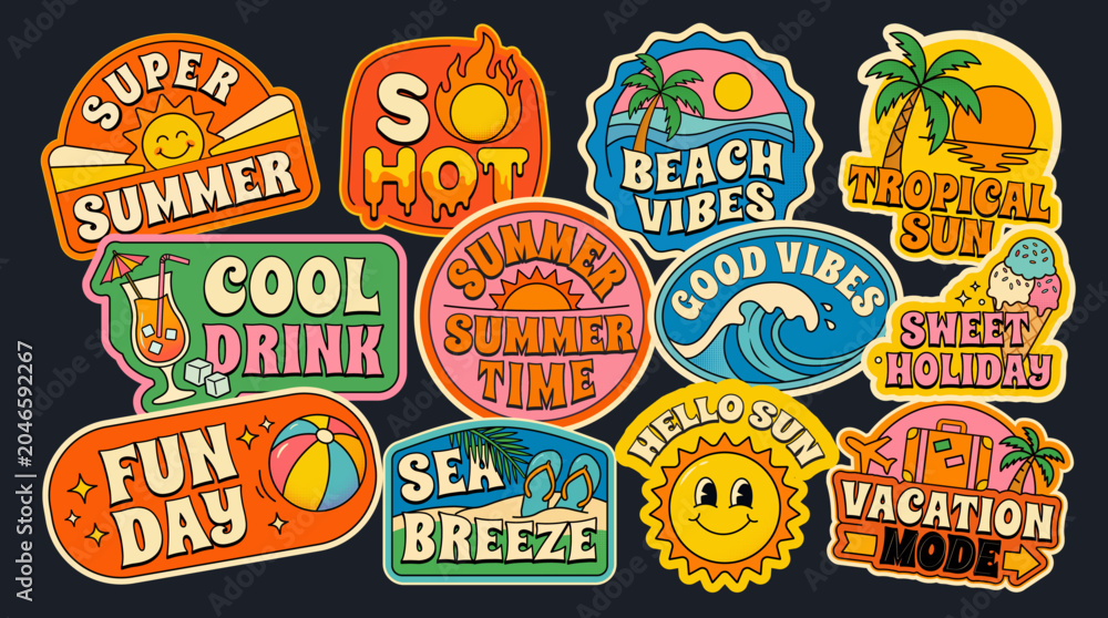Obraz premium retro groovy summer sticker pack vector set with beach vibes tropical sun vacation holiday quotes on dark background